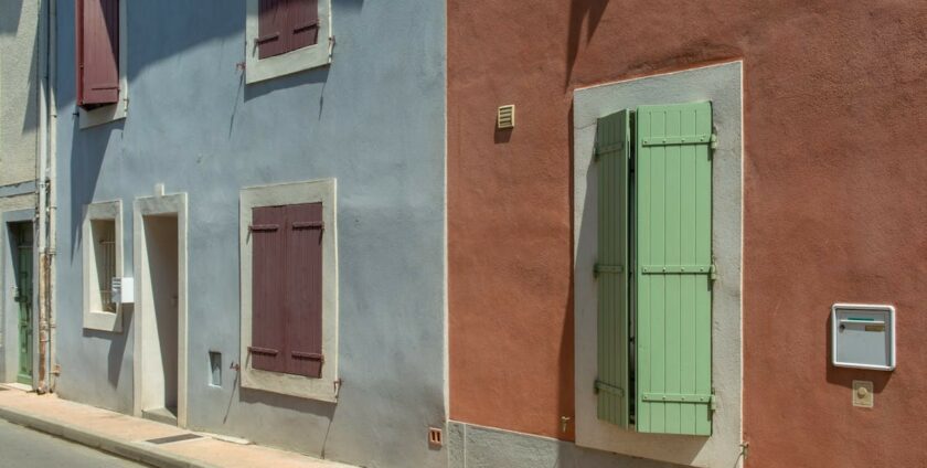 Façade extérieure enduit coloré avec volets en bois - maison française
